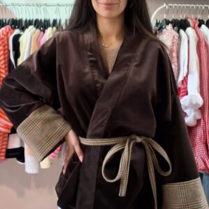 kimono velours marron femme pied de poule fait main